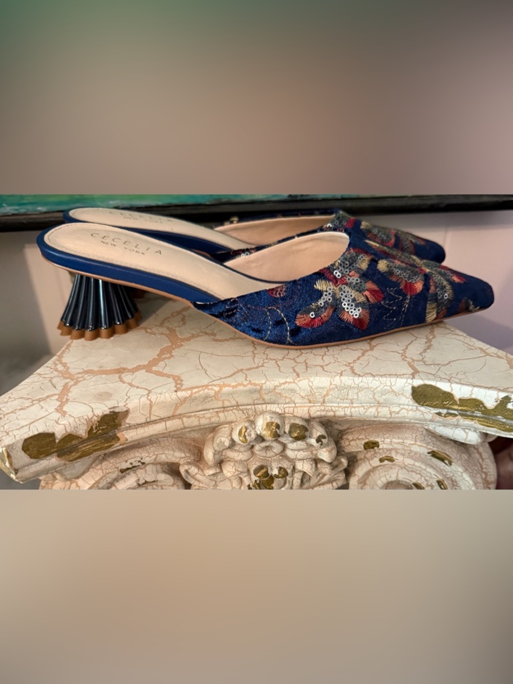 CECELIA NEW YORK Navy Floral Embroidered Pointed Mules